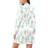 Pastel color cactus pattern Women's Long Sleeve Belted Night Robe
