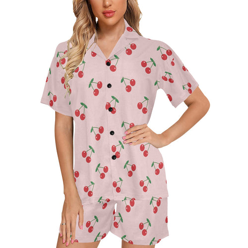cherry pattern pink background Women's V-Neck Short Pajama Set