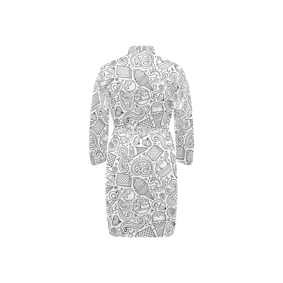 Cartoon hand drawn ice cream black white Men's Long Sleeve Belted Night Robe