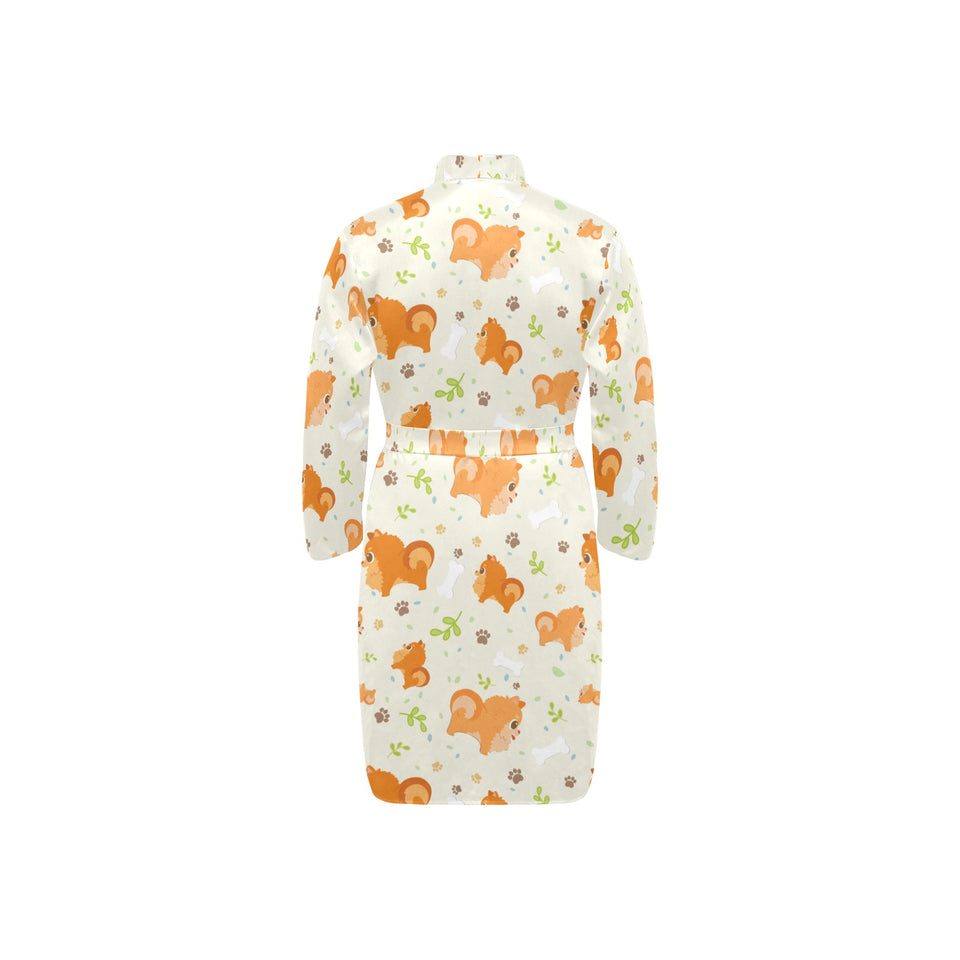 Cute brown pomeranian paw leave bone pattern Men's Long Sleeve Belted Night Robe