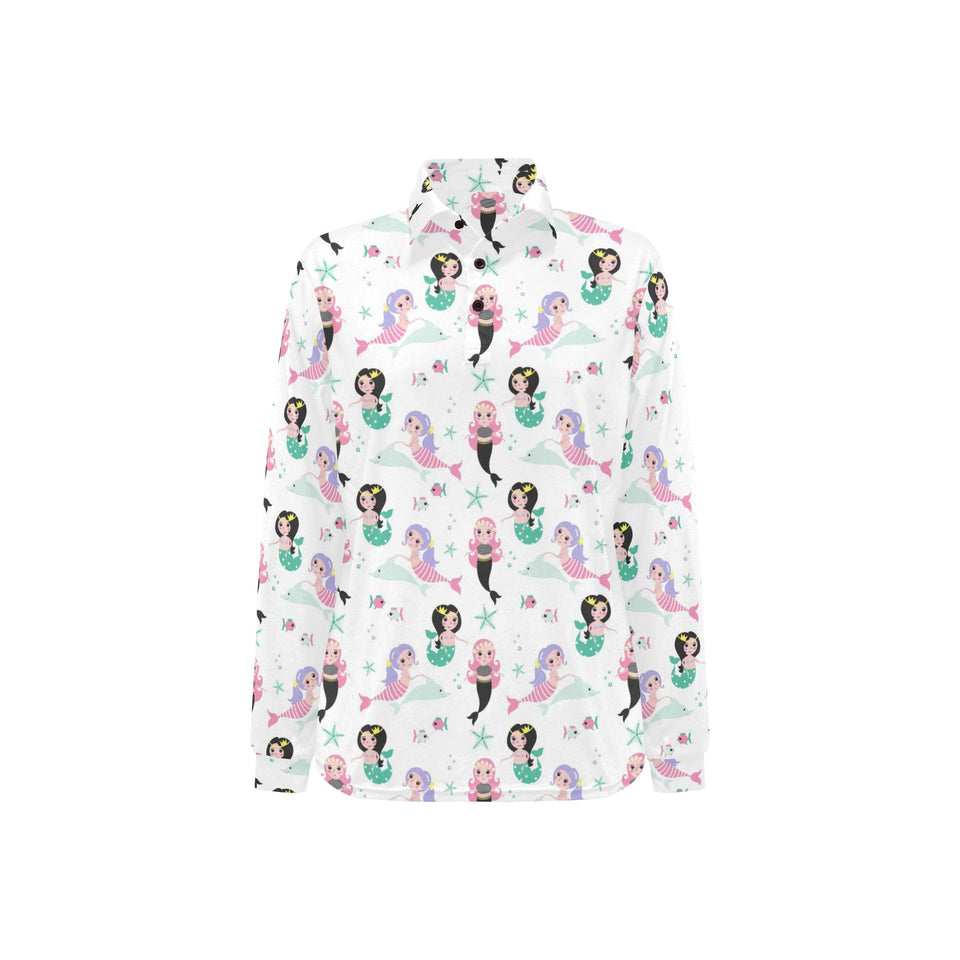 cute mermaid dolphin fish starfish pattern Women's Long Sleeve Polo Shirt