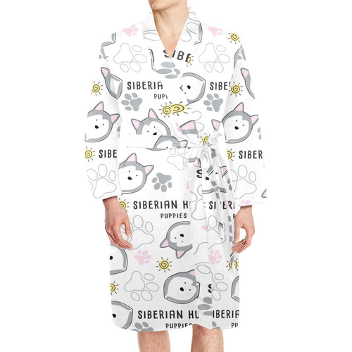 Siberian Husky design pattern Men's Long Sleeve Belted Night Robe