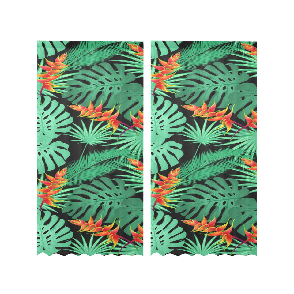 heliconia flower palm monstera leaves black backgr Gauze Curtain