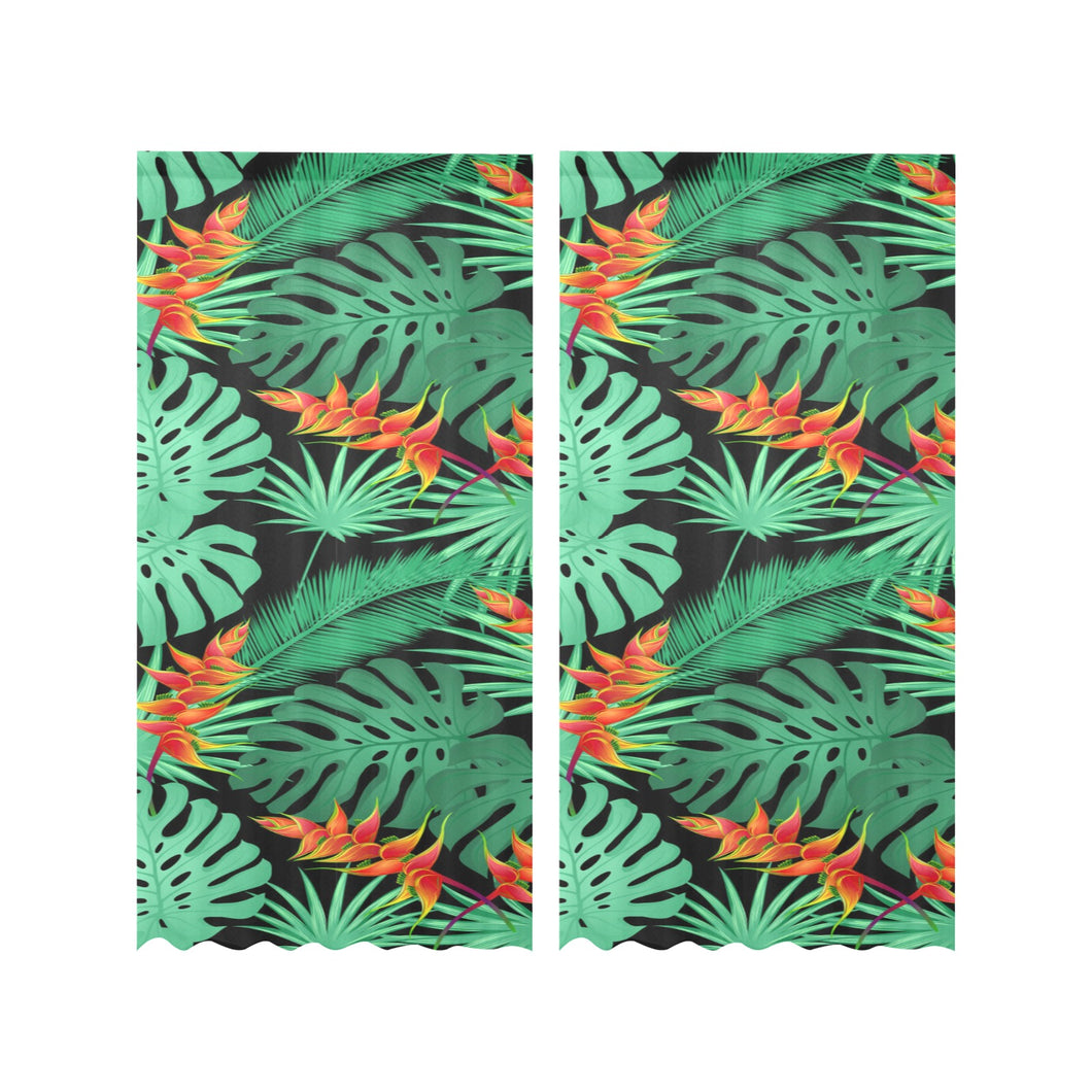 heliconia flower palm monstera leaves black backgr Gauze Curtain