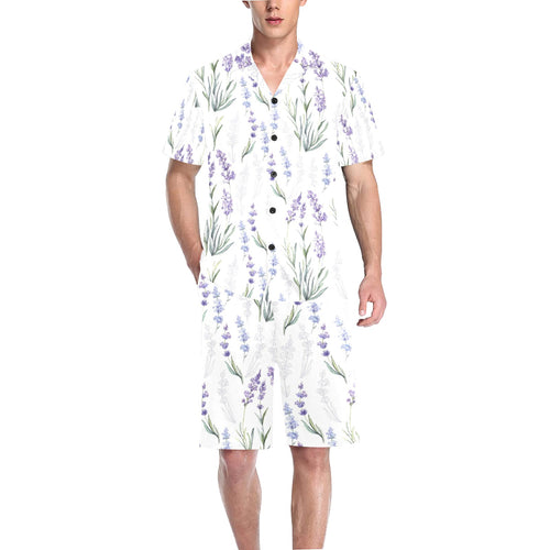 Hand painting Watercolor Lavender Men's V-Neck Short Pajama Set