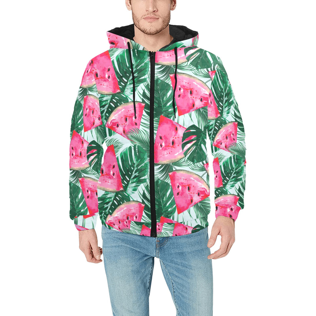 Watermelons tropical palm leaves pattern Men's Padded Hooded Jacket