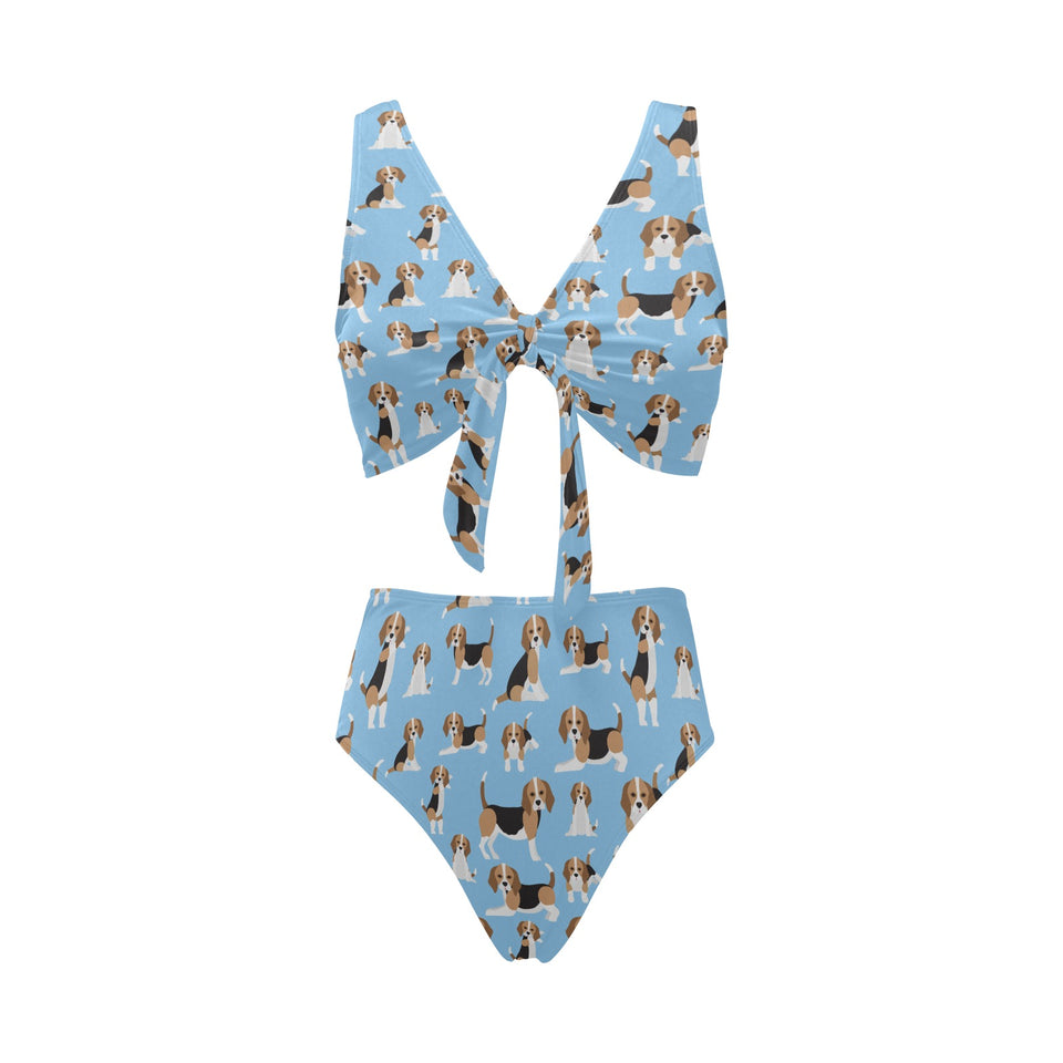 Beagle dog blue background pattern Chest Bowknot High Waisted Bikini Swimsuit