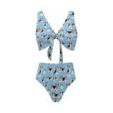 Beagle dog blue background pattern Chest Bowknot High Waisted Bikini Swimsuit