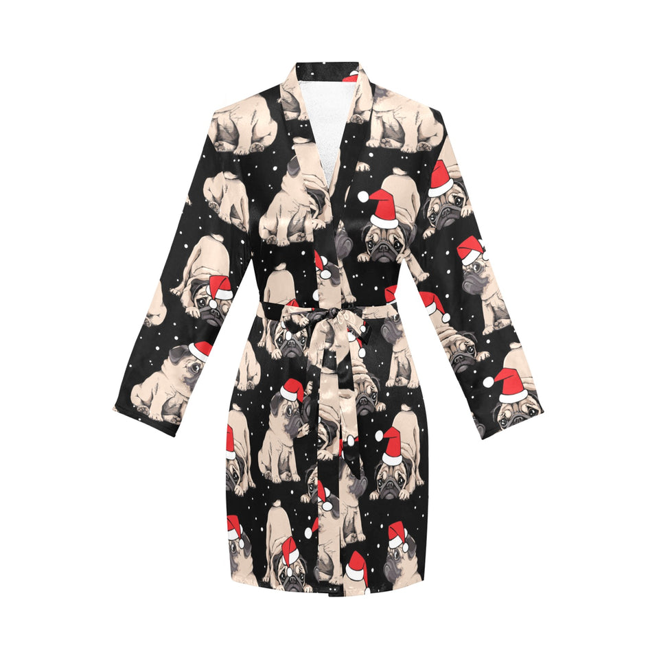 Christmas Pugs Santa_s red cap pattern Women's Long Sleeve Belted Night Robe