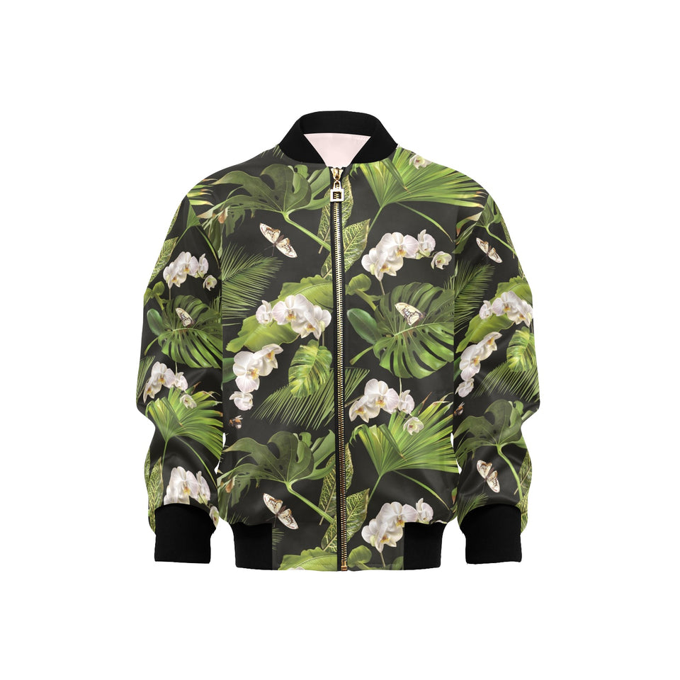 White orchid flower tropical leaves pattern blackg Kids' Boys' Girls' Bomber Jacket