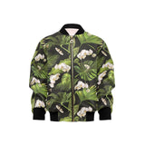 White orchid flower tropical leaves pattern blackg Kids' Boys' Girls' Bomber Jacket