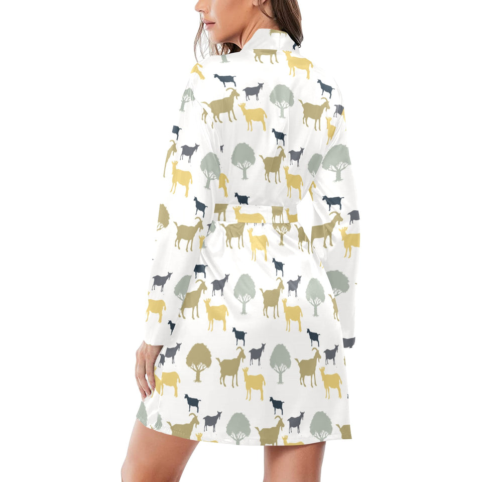 Silhouettes of goat and tree pattern Women's Long Sleeve Belted Night Robe