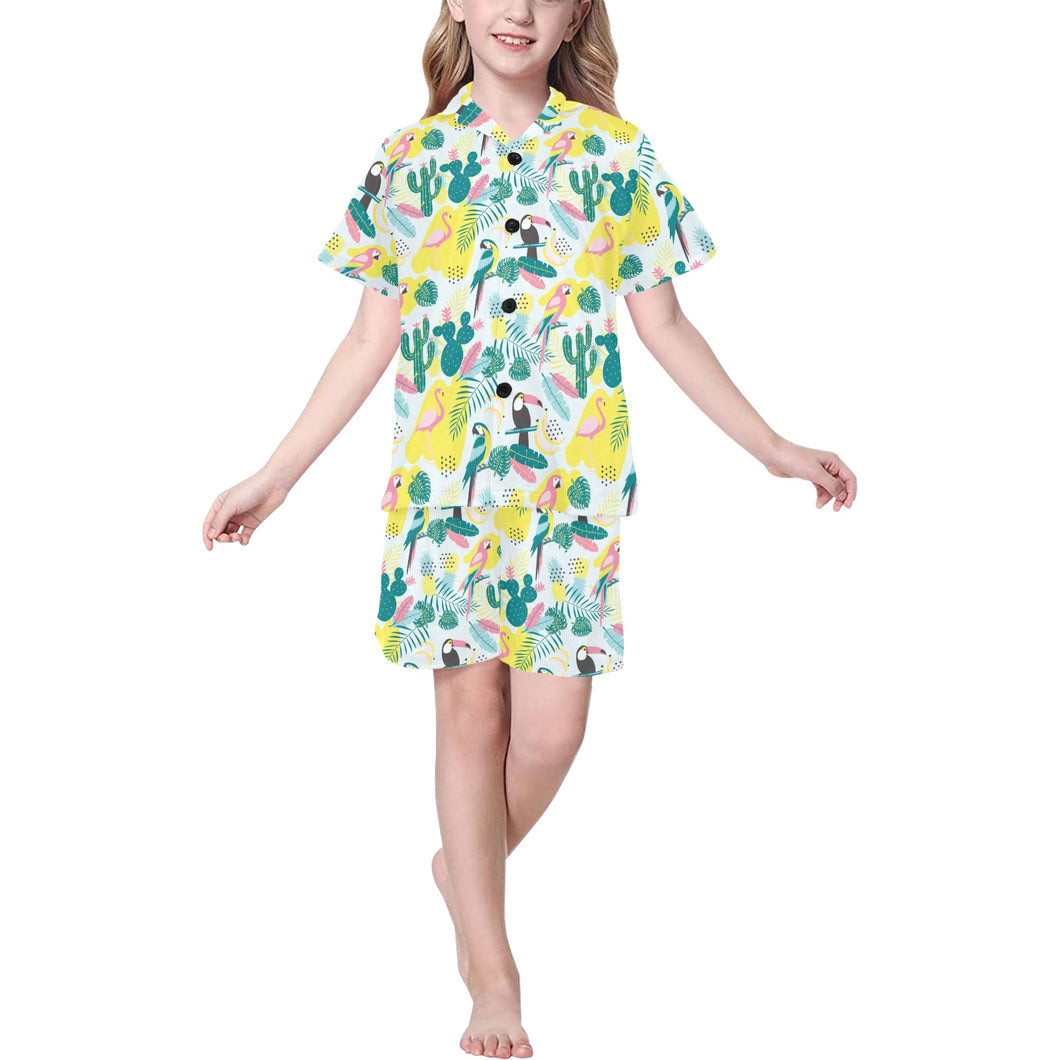 Cute parrot toucan flamingo cactus exotic leaves p Kids' Boys' Girls' V-Neck Short Pajama Set