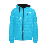 Airplane destinations blue background Men's Padded Hooded Jacket
