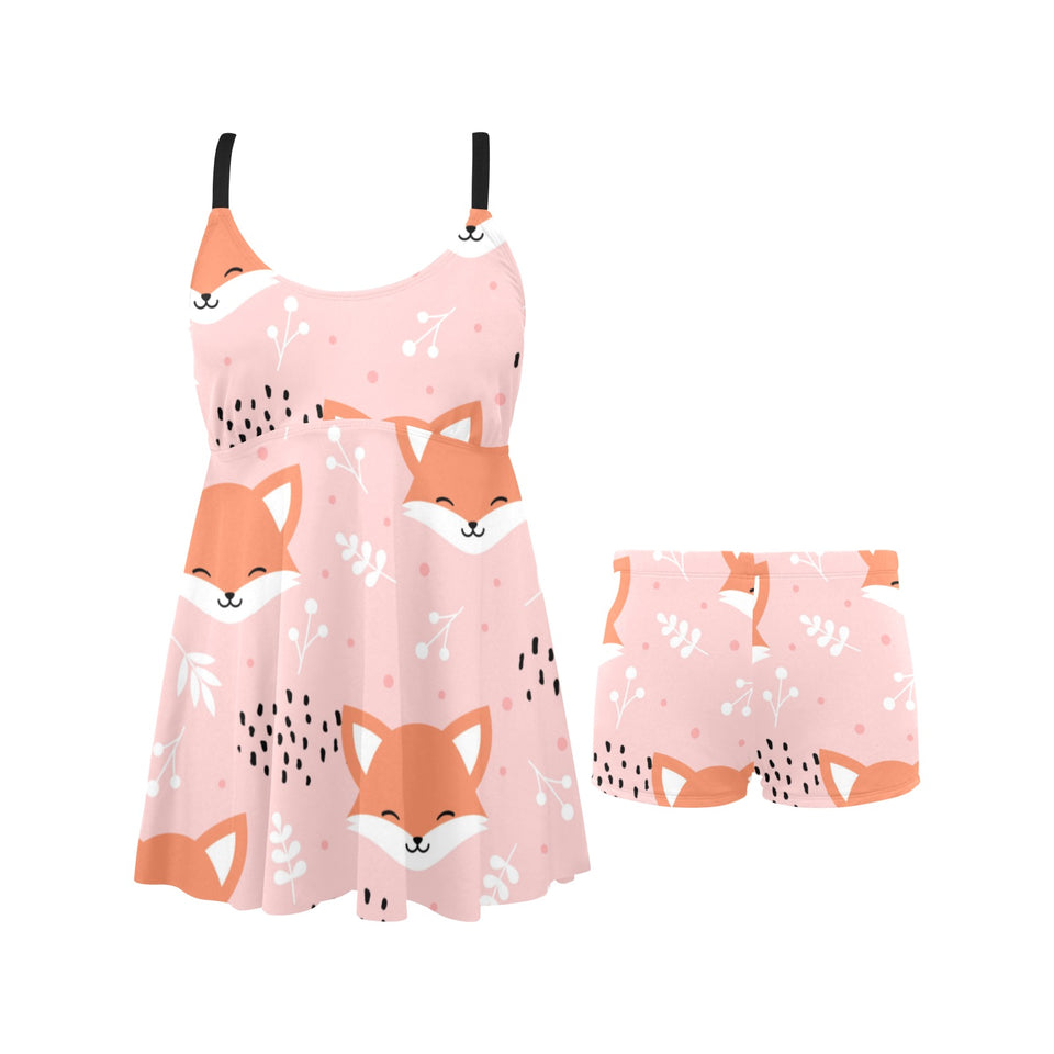 Cute fox pattern pink background Chest Sexy Pleated Two Piece Swim Dress