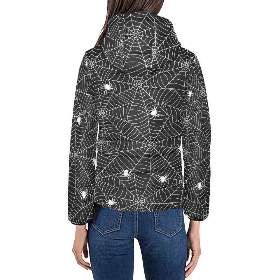 Spider web design pattern Black background white c Women's Padded Hooded Jacket