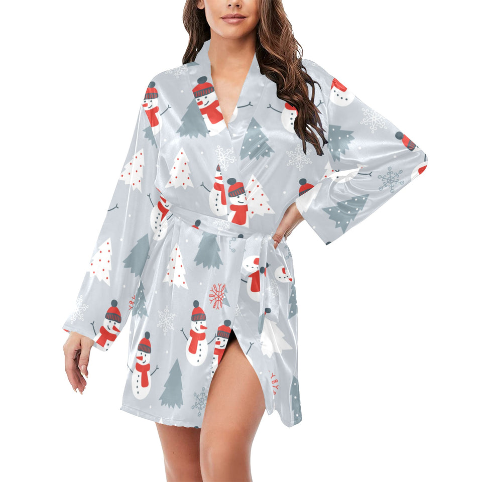 Snowman christmas tree snow gray background Women's Long Sleeve Belted Night Robe