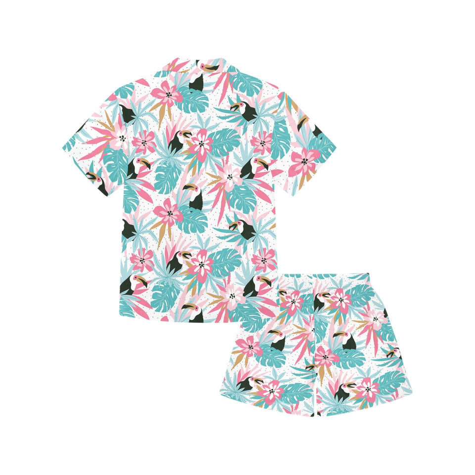 Toucan tropical flower leave pattern Kids' Boys' Girls' V-Neck Short Pajama Set
