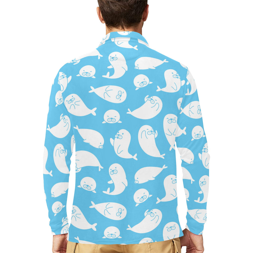 Cute white sea lion seals pattern Men's Long Sleeve Polo Shirt