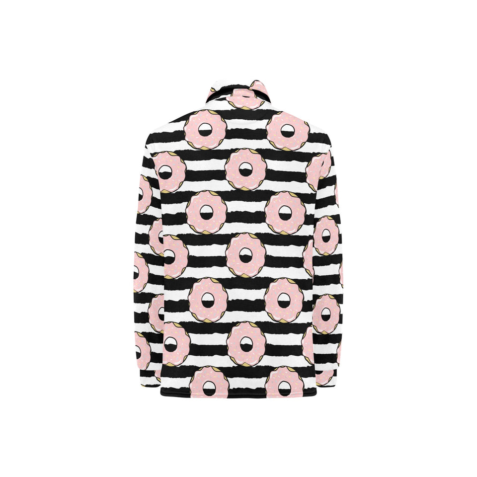 Donuts pink icing striped pattern Women's Long Sleeve Polo Shirt
