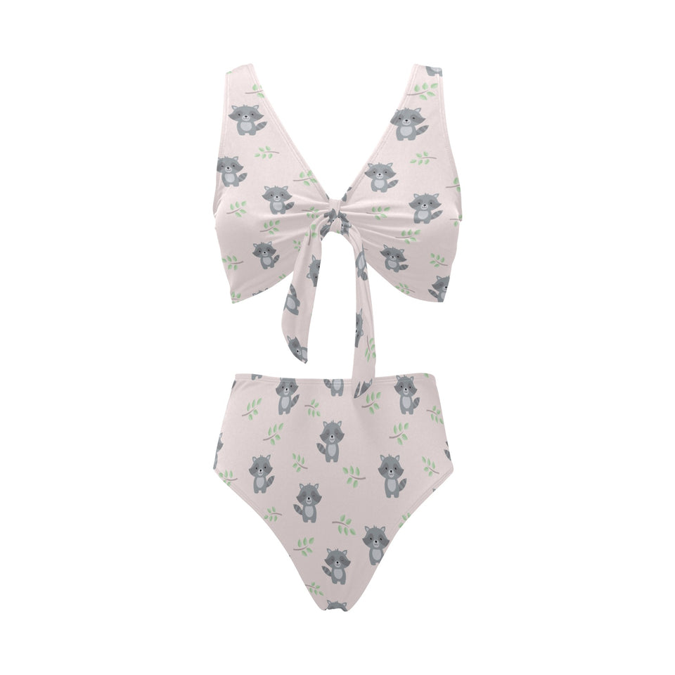 cute raccoons leaves pattern Chest Bowknot High Waisted Bikini Swimsuit