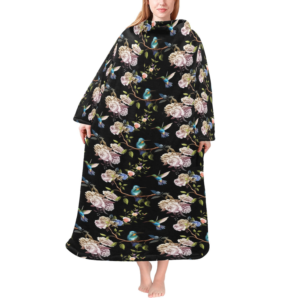 Hummingbird Pattern Print Design 03 Blanket Robe with Sleeves