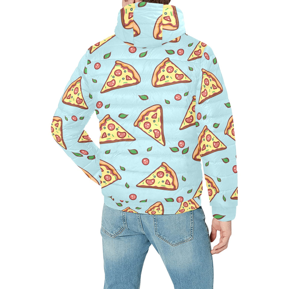 Hand drawn pizza blue background Men's Padded Hooded Jacket