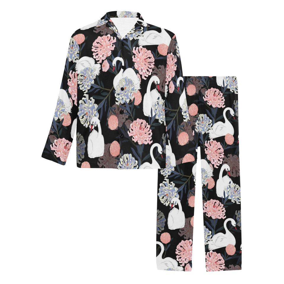 white swan blooming flower pattern Men's Long Pajama Set