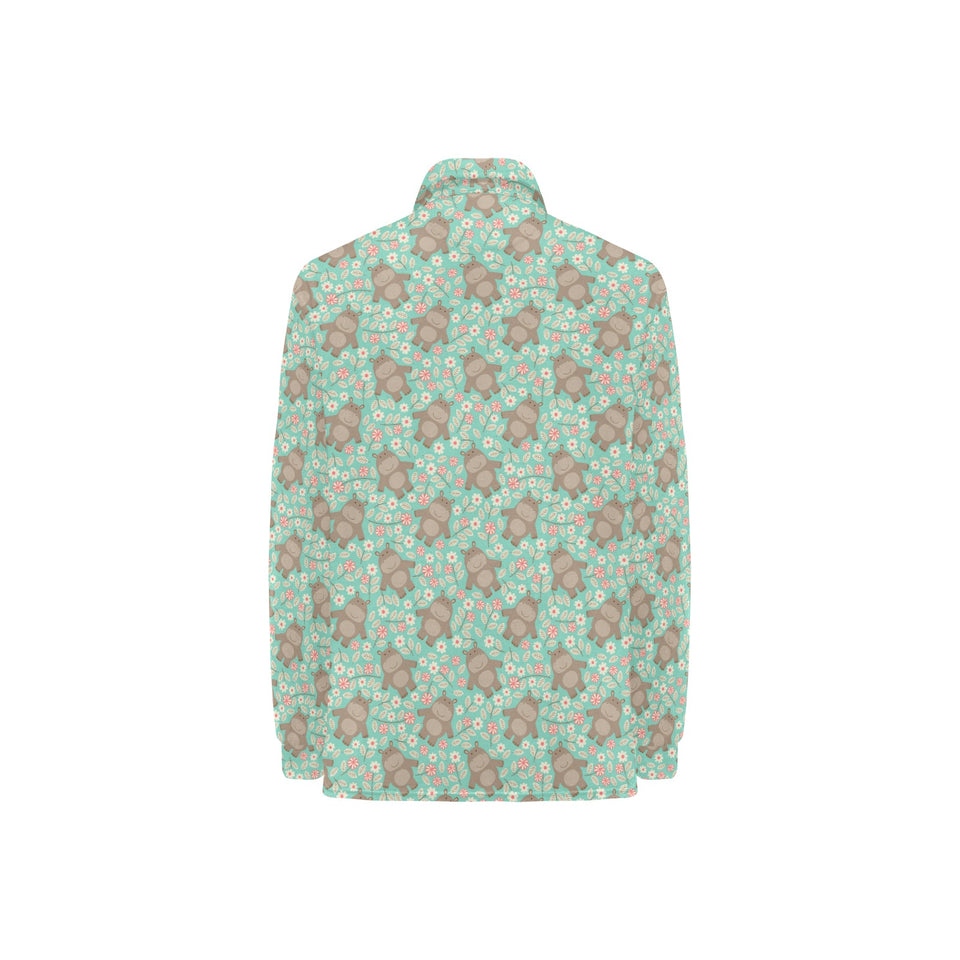 Hippopotamus Pattern Print Design 02 Women's Long Sleeve Polo Shirt