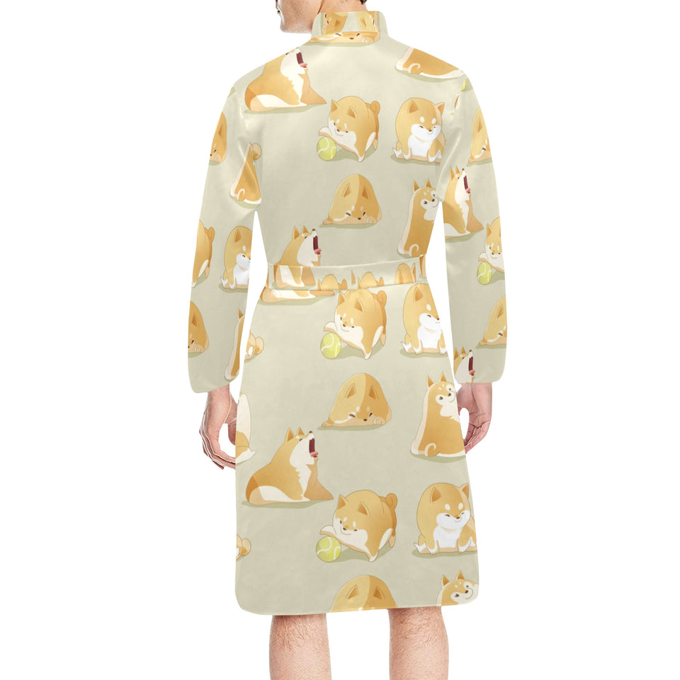 Cute fat shiba inu dog pattern Men's Long Sleeve Belted Night Robe