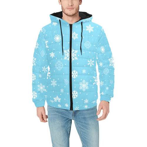 Snowflake pattern blue background Men's Padded Hooded Jacket