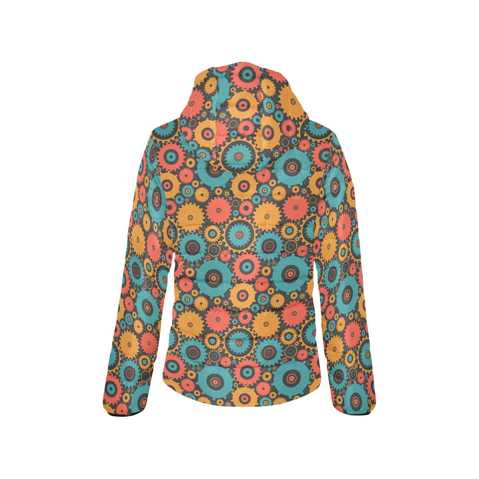 Gear Pattern Print Design 01 Women's Padded Hooded Jacket