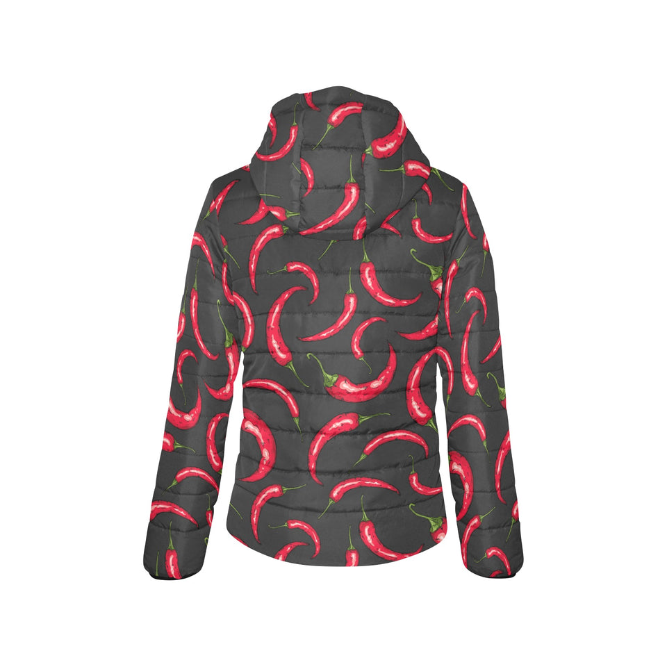 Chili peppers pattern black background Women's Padded Hooded Jacket