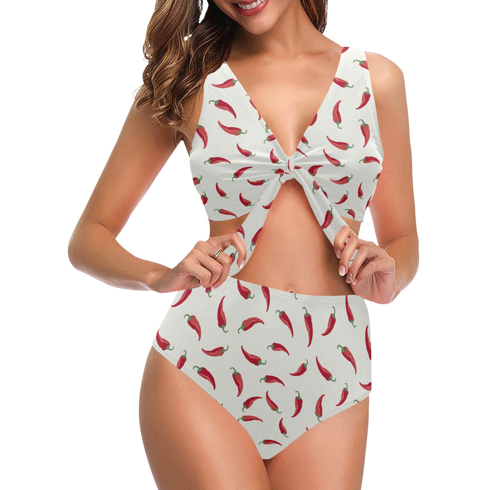 Chili peppers pattern Chest Bowknot High Waisted Bikini Swimsuit