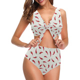 Chili peppers pattern Chest Bowknot High Waisted Bikini Swimsuit