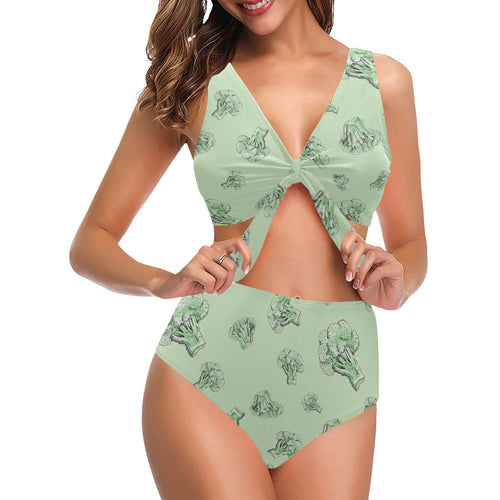 broccoli sketch pattern Chest Bowknot High Waisted Bikini Swimsuit