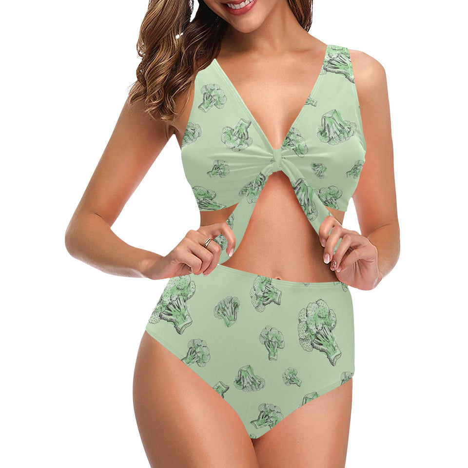 broccoli sketch pattern Chest Bowknot High Waisted Bikini Swimsuit