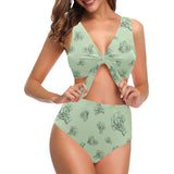 broccoli sketch pattern Chest Bowknot High Waisted Bikini Swimsuit