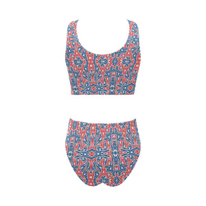 Blue Red Eiffel Tower Pattern Print Design 02 Chest Bowknot High Waisted Bikini Swimsuit