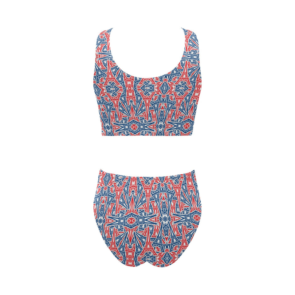 Blue Red Eiffel Tower Pattern Print Design 02 Chest Bowknot High Waisted Bikini Swimsuit