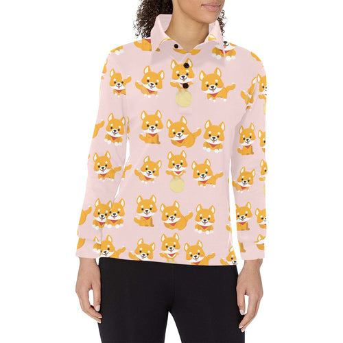 Cute shiba inu dog pattern Women's Long Sleeve Polo Shirt
