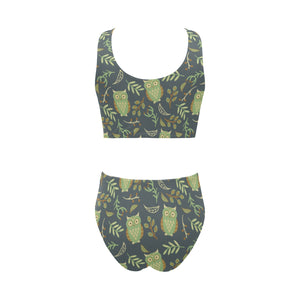 Cute owls leaves pattern Chest Bowknot High Waisted Bikini Swimsuit