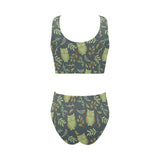 Cute owls leaves pattern Chest Bowknot High Waisted Bikini Swimsuit