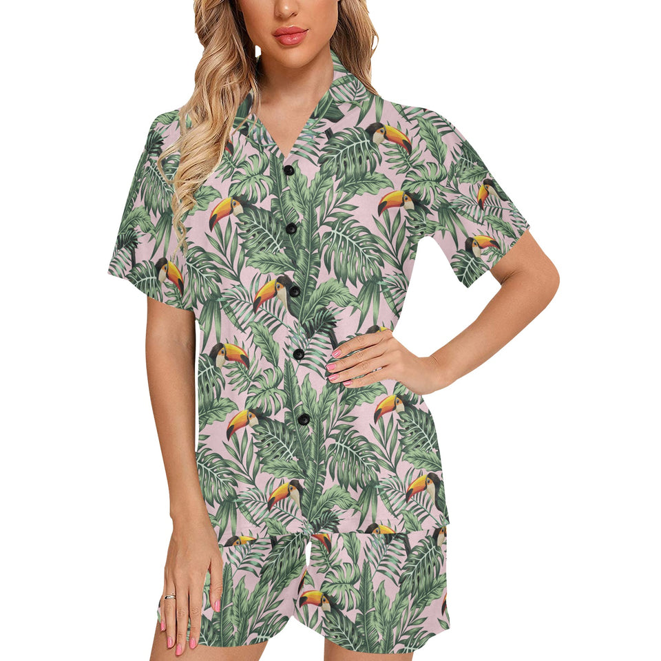 Toucan tropical green jungle palm pattern Women's V-Neck Short Pajama Set