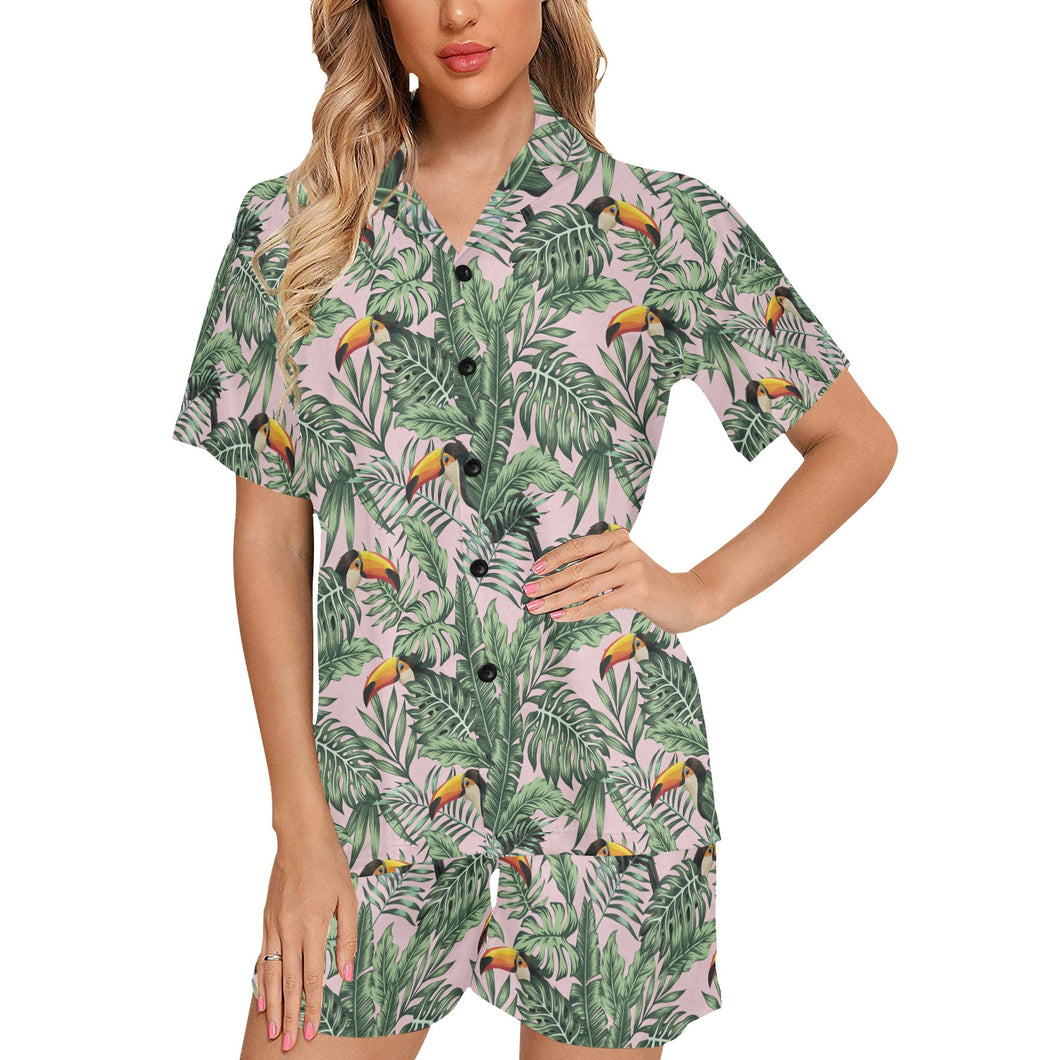 Toucan tropical green jungle palm pattern Women's V-Neck Short Pajama Set