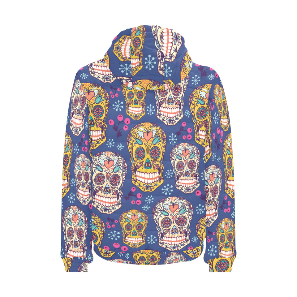 Sugar skull flower pattern Men's Padded Hooded Jacket