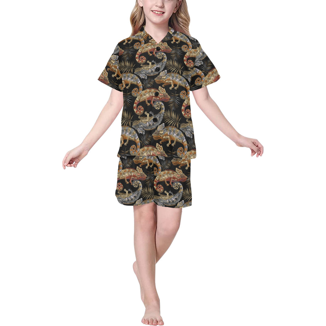 Chameleon lizard tropical leaves palm tree Kids' Boys' Girls' V-Neck Short Pajama Set