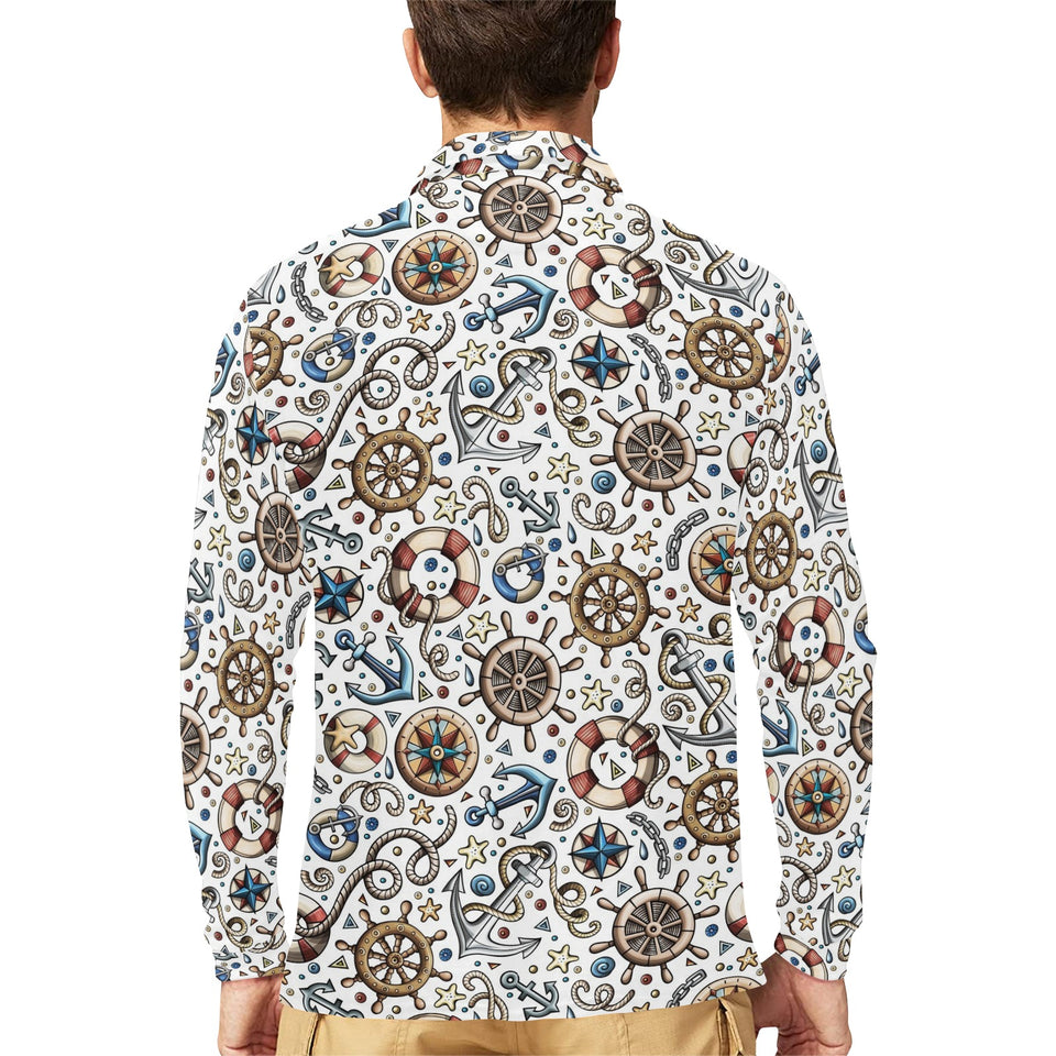 Cute nautical steering wheel anchor pattern Men's Long Sleeve Polo Shirt