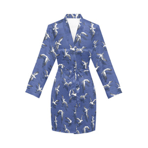 Seagull Pattern Print Design 03 Women's Long Sleeve Belted Night Robe