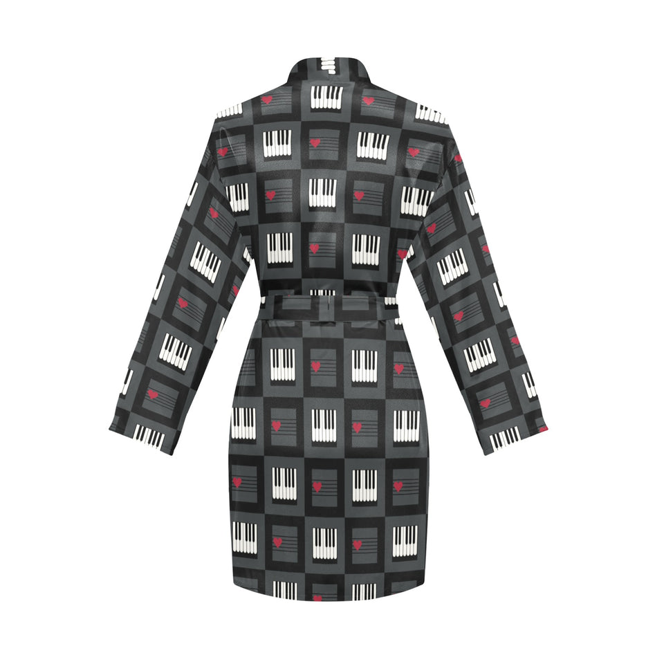 Piano Pattern Print Design 05 Women's Long Sleeve Belted Night Robe